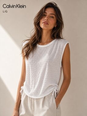 Calvin Klein Women’s White Textured Blouse Side Tie Lightweight Top L
